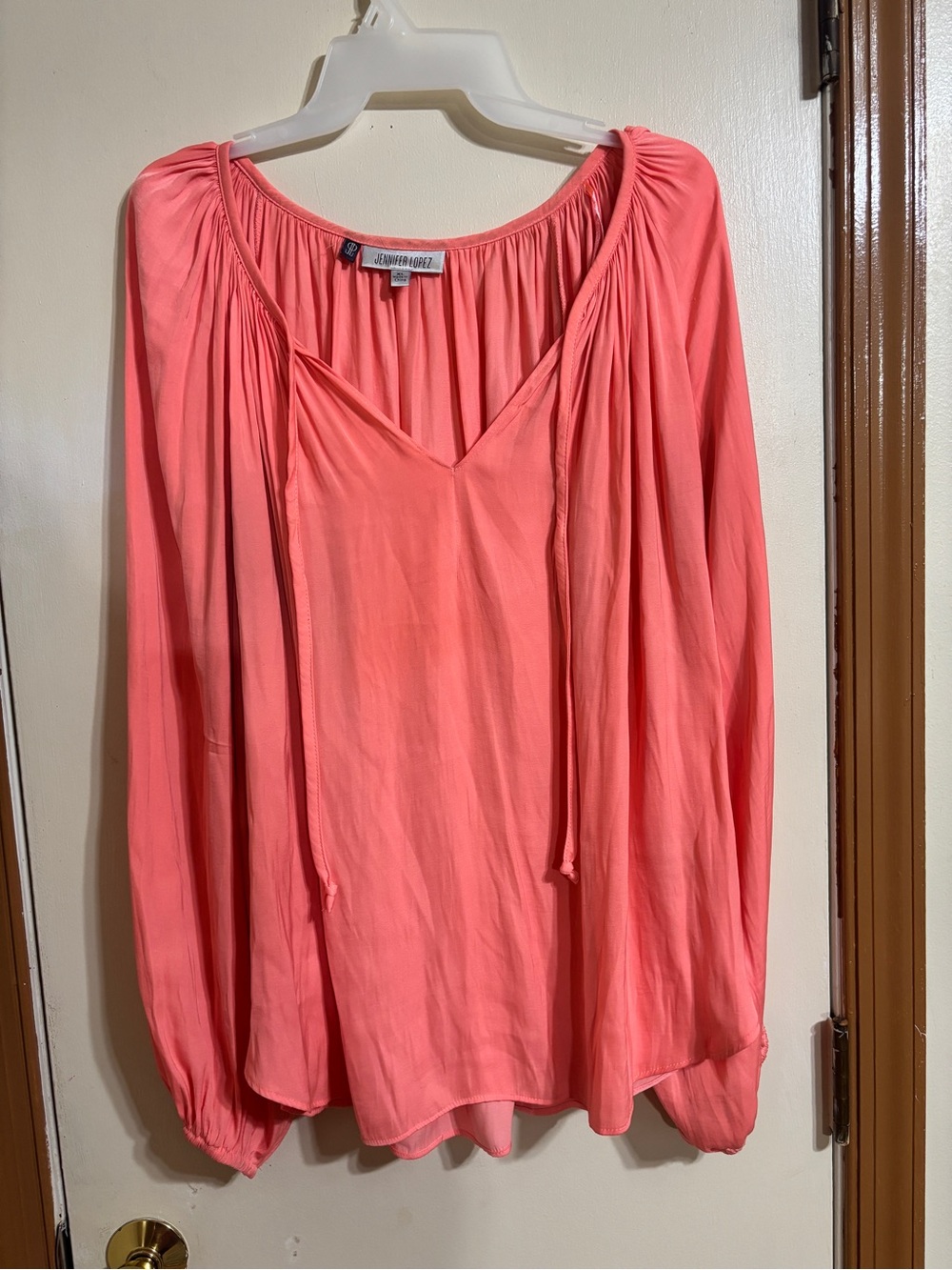 Jennifer Lopez Coral Peasant Blouse with V-Neck Tie